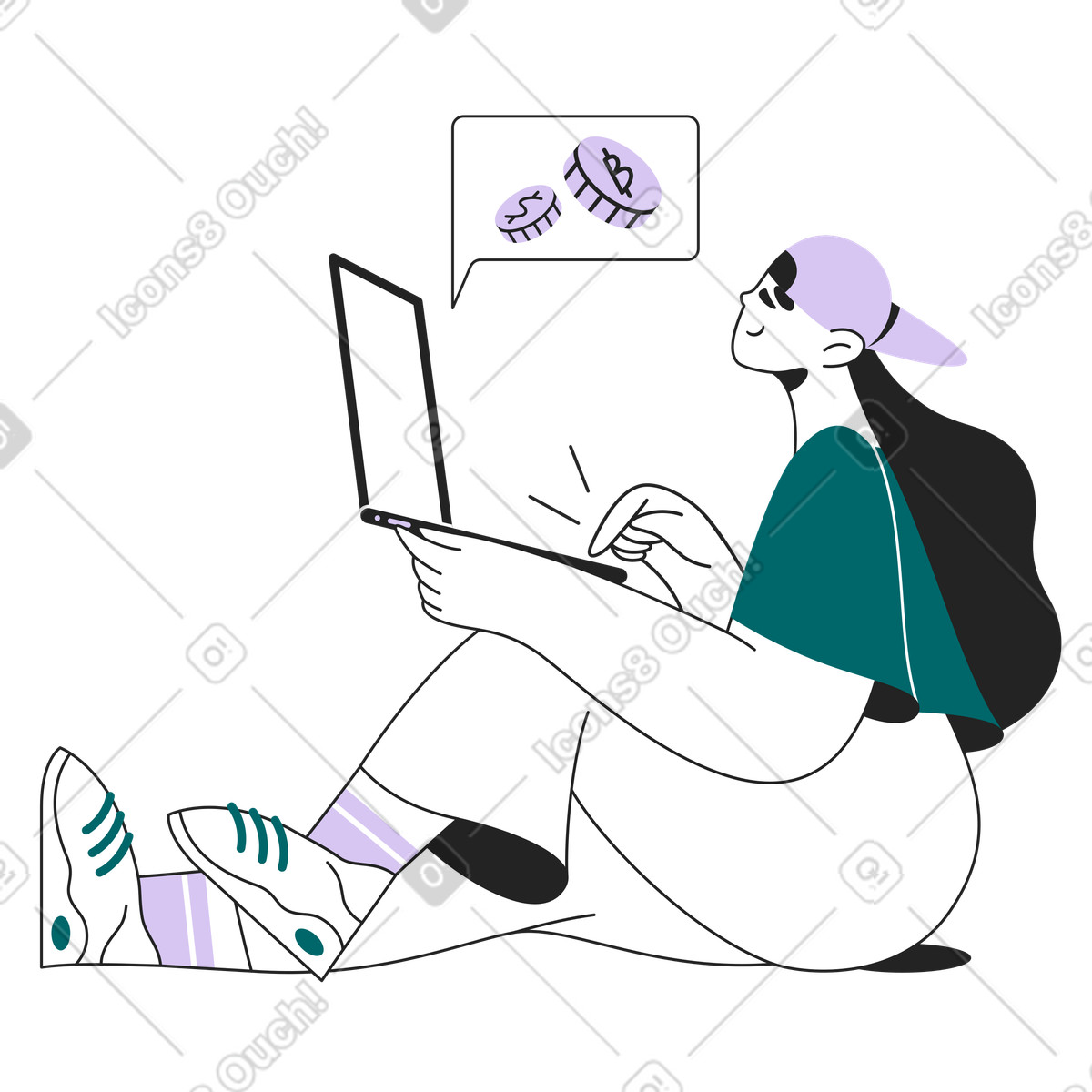 Person in casual wear trading cryptocurrency on laptop, digital asset exchange and bitcoin transaction illustrazione stile Sammy Line scarica PNG, SVG