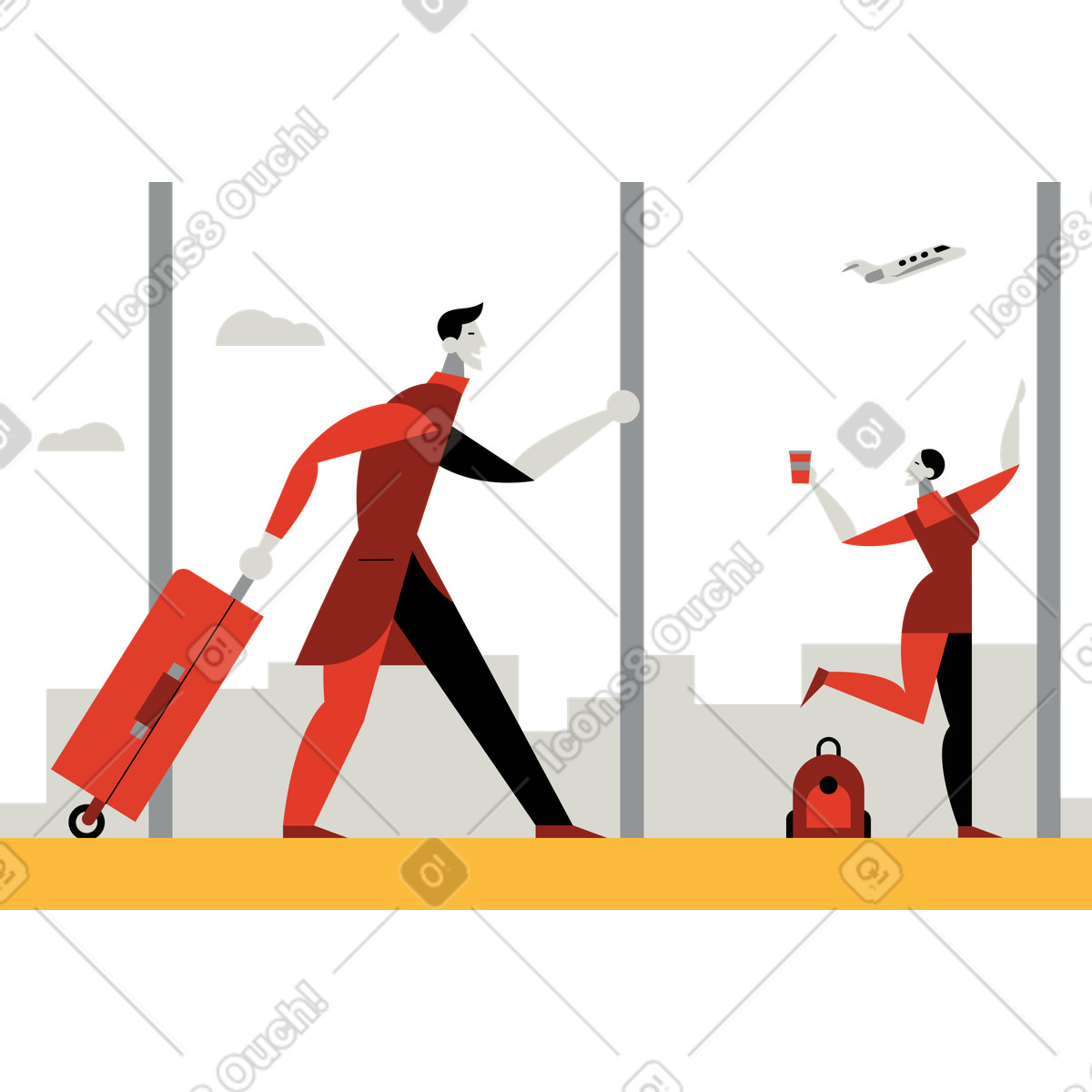 Ilustración Un hombre alcanza a su amigo en el aeropuerto estilo Burgundy descargar PNG y SVG