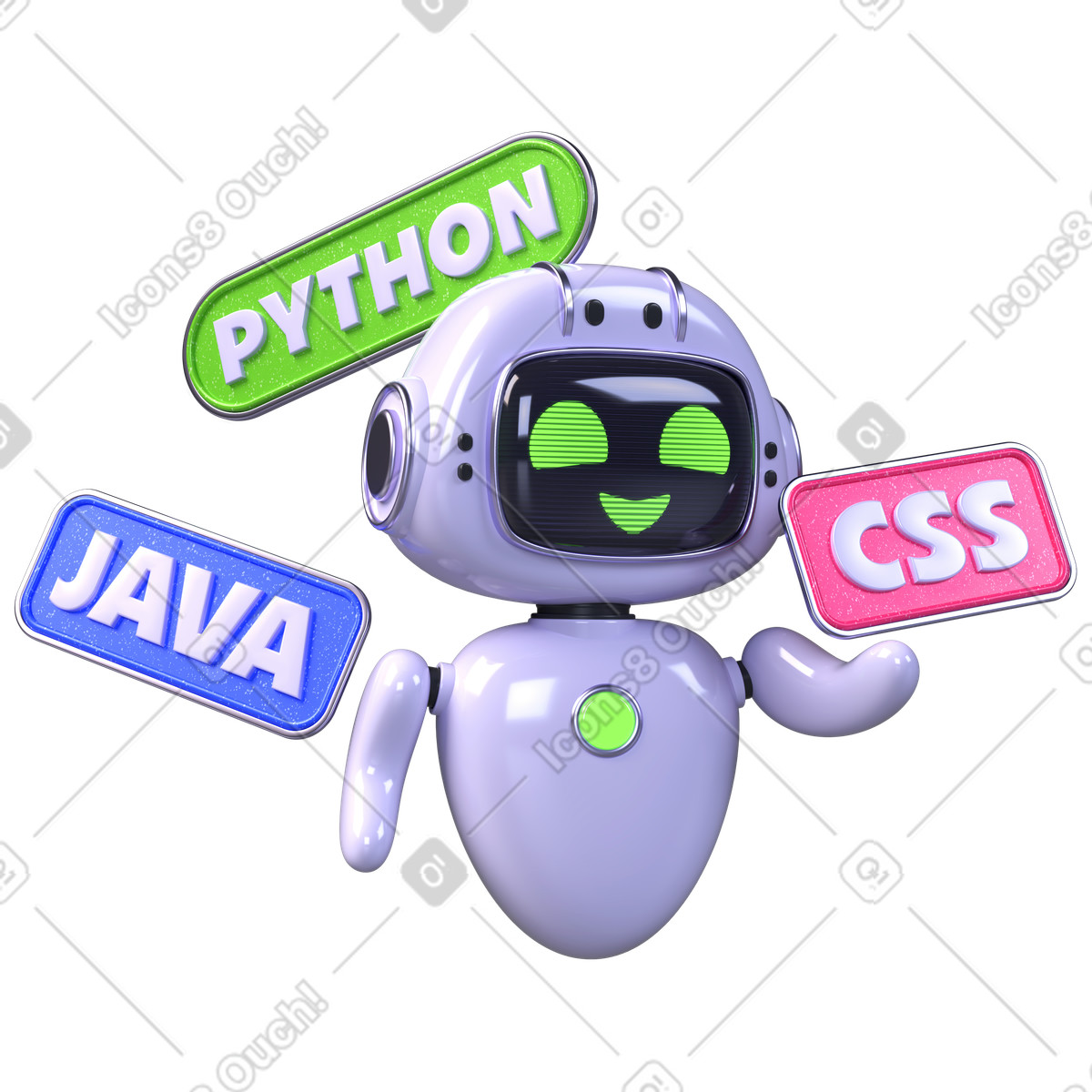 Friendly AI bot surrounded by coding languages, AI-driven code automation illustration in PNG, SVG