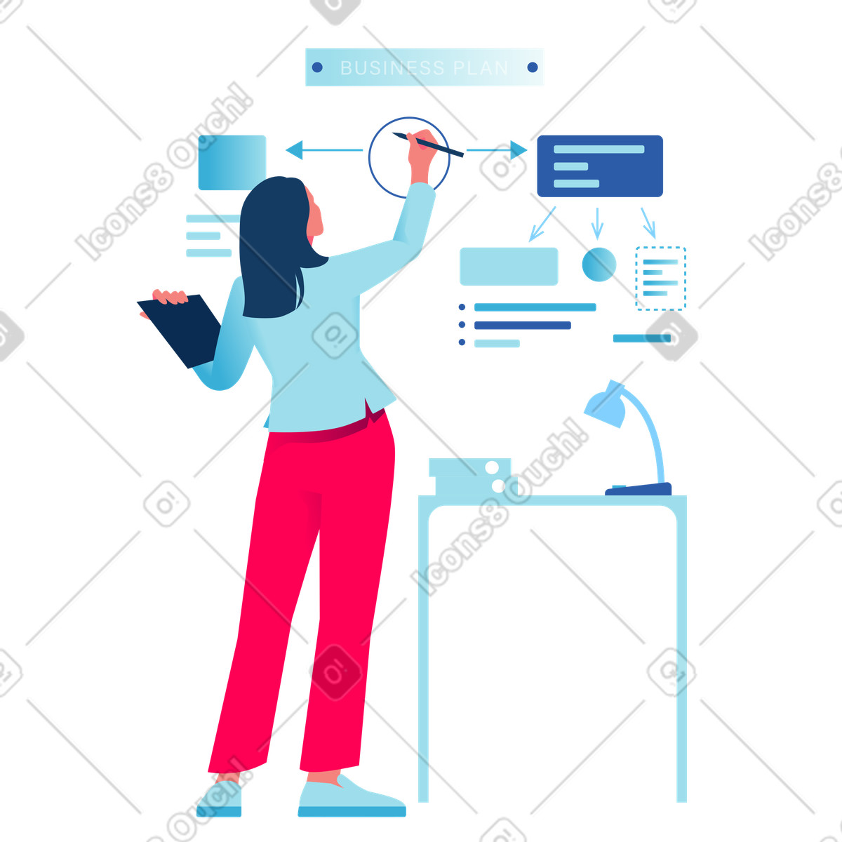 Ilustración Professional brainstorming business plan steps, Workflow optimization and logic en estilo Daily a descargar en PNG y SVG