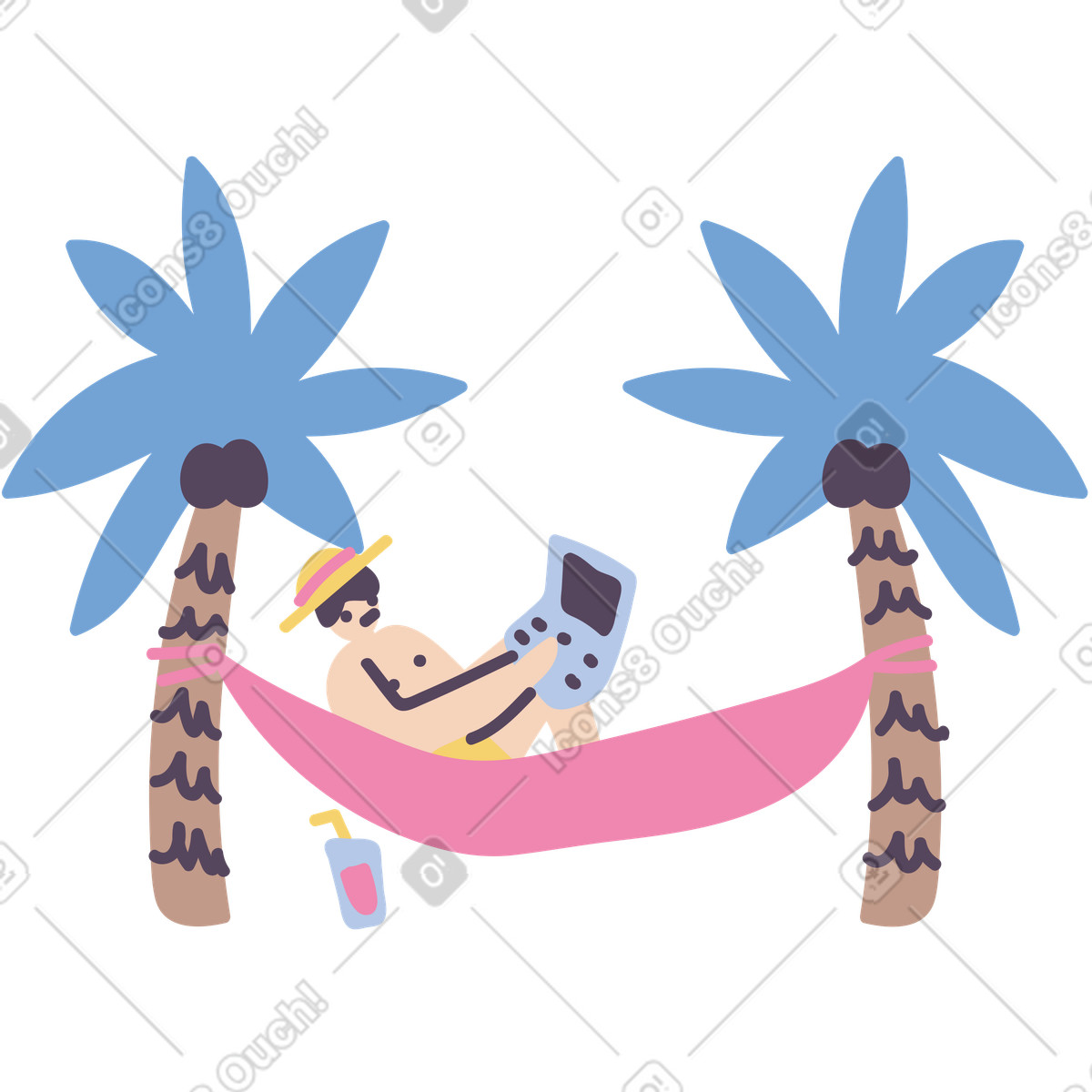 Pluto スタイルの Remote worker relaxing in hammock with laptop, Digital nomad lifestyle のイラストをPNG、SVG形式でダウンロード