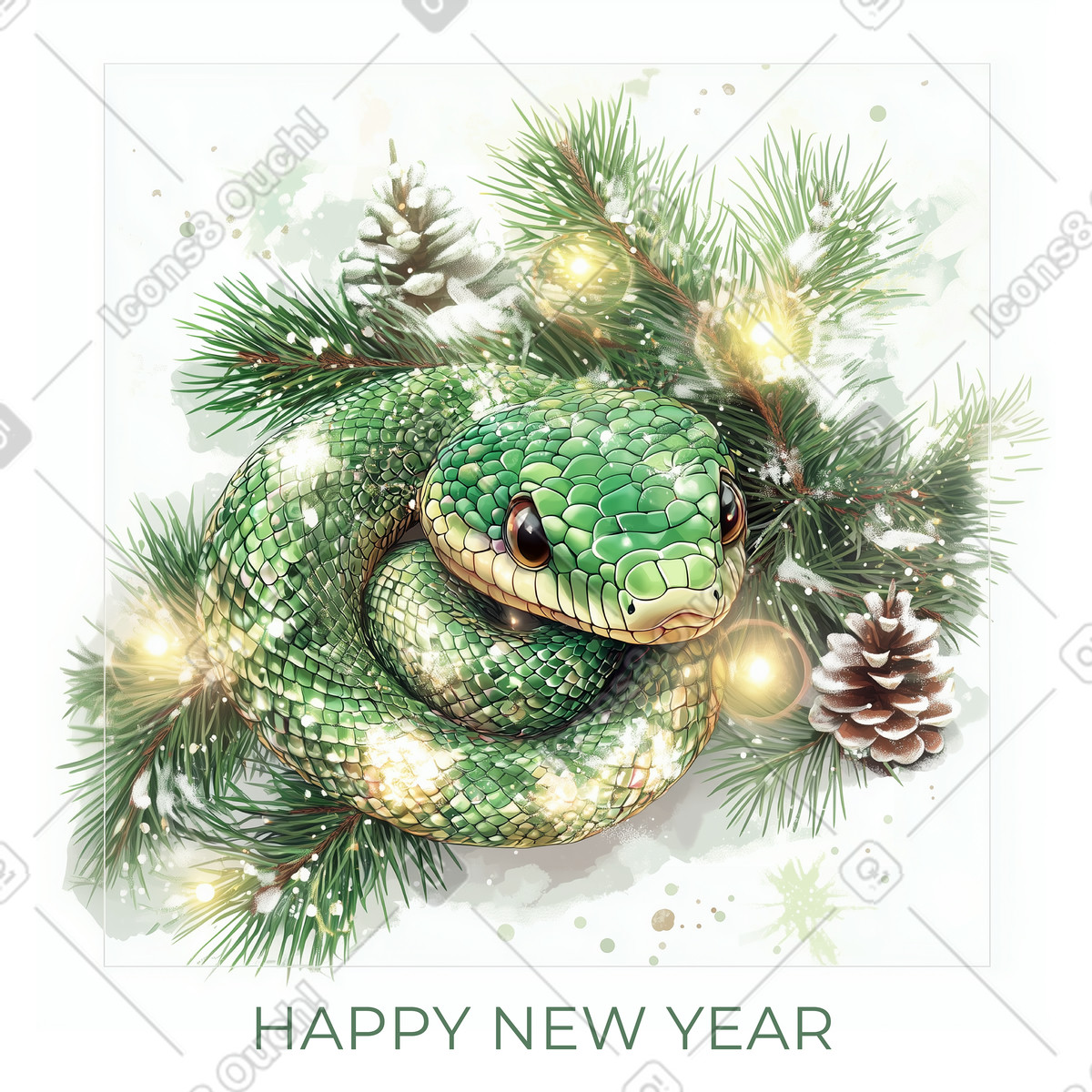 Postcard green snake and text Happy New Year illustration in Postcards style download in PNG, SVG