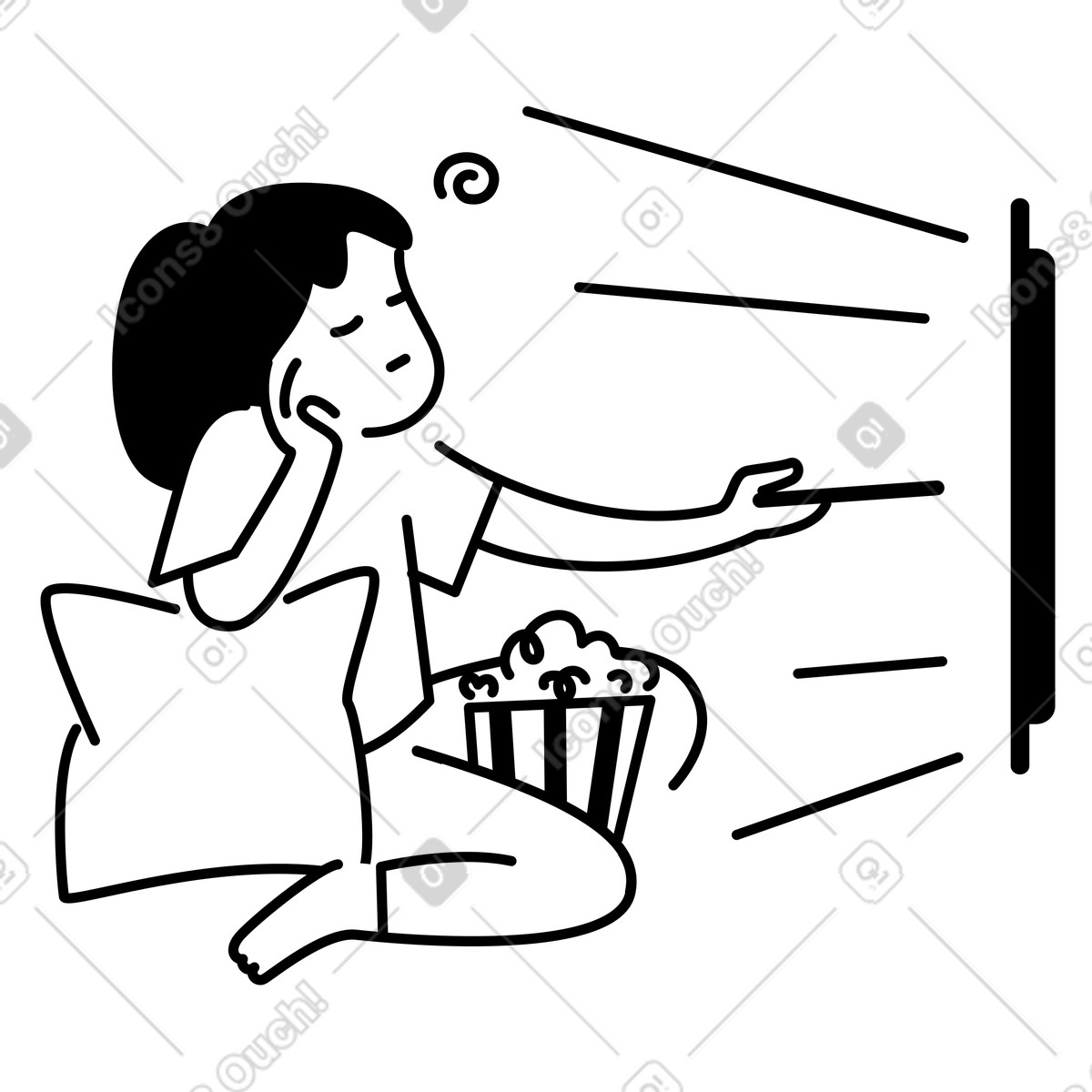 スタイルの Popcorn bowl beside relaxed character sitting with cushion watching screen のイラストをPNG、SVG形式でダウンロード