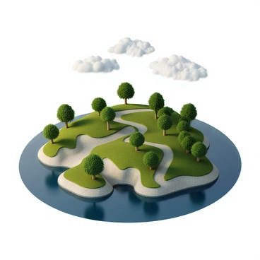 An artificial island created by a dam, featuring small, lush green trees scattered throughout the landscape. The island has several winding pathways made of gravel, meandering through the trees and connecting different areas of the island. The surface of the water surrounding the island is calm and reflective, enhancing the serene atmosphere. The sky above is clear with a few fluffy white clouds, casting soft shadows on the island.