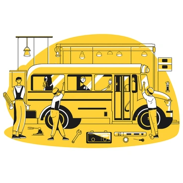 A group of workers inside a factory, focused on assembling an electric school bus. The bus is in the center of the scene, partially completed, showing its structure and components. One worker is attaching a large battery pack to the underside of the bus, while another is securing the windows into place. Tools and equipment are scattered around the workspace, including wrenches and drills. The factory environment features large machinery and overhead lights, creating an industrial atmosphere. Safety gear, such as helmets and gloves, is worn by all the workers.