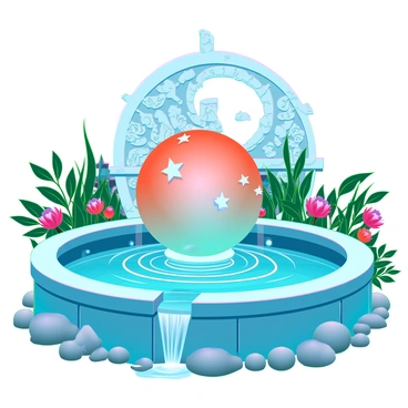 A luminous dragon ball with distinct orange coloration and star-like patterns is floating in the center of a circular, intricately designed garden fountain. The fountain is made of polished stone, featuring delicate carvings of floral motifs and ornate patterns. Water cascades gently from the fountain's tiers, creating ripples in the clear water below. Surrounding the fountain are lush green plants, colorful flowers in full bloom, and smooth pebbles that enhance the tranquil atmosphere of the garden. Soft sunlight illuminates the scene, highlighting the vibrant colors of the dragon ball and the refreshing water.