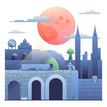 A close-up view of a lunar eclipse shows the moon partially obscured, casting a deep shadow over an ancient city. The moon has a reddish hue, with craters and surface details clearly visible. Below, the ancient city features stone buildings with weathered facades and arched doorways, illuminated by the dim light of the eclipse. Silhouettes of tall columns and ornate statues can be seen against the backdrop of the shadowed moon. A few scattered clouds drift in the night sky, adding depth to the scene. The atmosphere is quiet, with a sense of wonder filling the air as the eclipse unfolds.