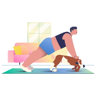 A person with light skin and short, dark hair is performing a plank on a soft, colorful yoga mat in the center of a bright living room. The person is wearing a fitted black workout shirt and blue shorts. Their face shows determination as they keep their body straight and parallel to the ground. Beside them, a medium-sized brown dog with white patches is also positioned on the mat, mirroring the plank pose with its paws stretched out and back straight. Sunlight streams in through a nearby window, creating warm highlights on the floor and illuminating the playful interaction between the person and the dog.