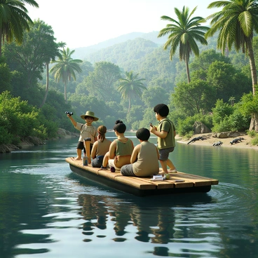 A group of five adventurers on a wooden barge floating gently on a wide river. Two of them, a man with curly black hair and a woman with long brown hair, are leaning over the side, pointing at a colorful bird perched on a branch nearby. The third adventurer, a man wearing a green safari hat, is holding binoculars to his eyes, scanning the lush jungle on the riverbank. The fourth, a woman with braided hair, is taking notes in a waterproof notebook, while the fifth, a man in a light vest, is preparing a camera to capture the scene. The riverbank is rich with greenery, featuring tall palm trees, dense underbrush, and vibrant flowers. In the background, glimpses of various animal life can be seen, like monkeys swinging in the trees and a crocodile basking on the shore.
