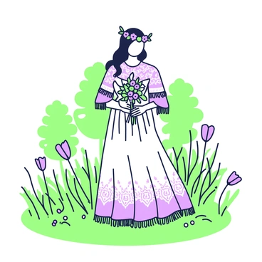 A bride is standing in a meadow, surrounded by wildflowers and tall grass. She is wearing a boho-style wedding dress that features intricate lace patterns and fringe along the sleeves and hem. Her long hair is styled in loose waves, and she has a floral crown made of various flowers adorning her head. The sunlight filters through the trees in the background, casting soft shadows on the ground. In her hands, she holds a bouquet composed of wildflowers, creating a harmonious connection with the natural setting.