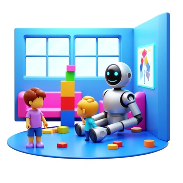 A robotic nanny with a sleek, silver design engaging with two children in a futuristic playroom. The robot has articulated limbs and a friendly LED face displaying a smile. One child is building a tower with colorful blocks while the other is drawing on a digital touch screen embedded in the playroom wall. The playroom features bright, glowing furniture and interactive toys scattered around, creating a vibrant atmosphere. Large windows allow natural light to flood the space, highlighting the cutting-edge technology of the environment.