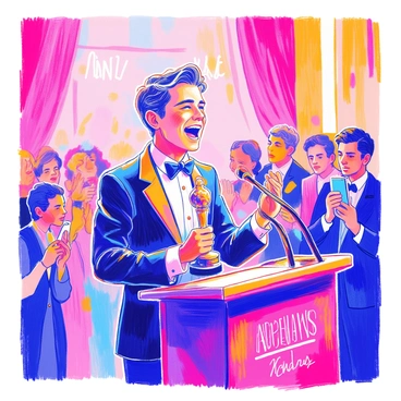 A thrilled actor is standing at a podium, illuminated by bright stage lights. He has short, neatly styled hair and is wearing a classic black tuxedo with a bow tie. His expressive face shows a mix of joy and disbelief as he speaks passionately into the microphone. In his right hand, he is holding a shiny Oscar trophy, reflecting the lights around him. The background features a captivated audience, some individuals standing and applauding, while others are filming the moment with their phones. A large banner reading "Academy Awards" can be seen behind him.