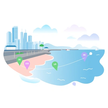 A coastal city with modern buildings and a waterfront view is depicted. The skyline includes tall skyscrapers and smaller structures along the shoreline. A series of brightly colored markers indicate projected sea level rise at various decades, positioned along the beach and boardwalk. Each marker features distinct numerical values and is visually connected by a dotted line. Gentle waves lap against the shore, and a few boats are visible in the water. In the background, there are distant hills and a clear sky transitioning with soft gradient pastel colors.
