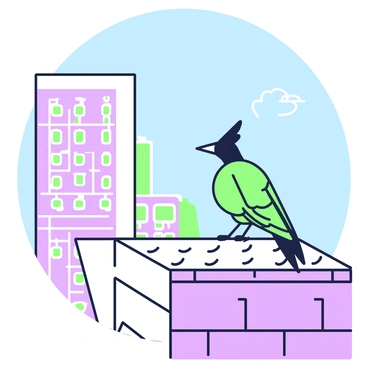 A "hirondelle" is perched on the edge of a city rooftop. The rooftop is detailed with textures of tiles and a slight overhang. In the background, there are several tall "skyscrapers" reaching towards the sky, with many windows reflecting light. The sky is clear and blue, providing a contrasting backdrop to the buildings. The hirondelle has a slender body and pointed wings, and it is looking out over the city. The scene captures the blend of nature and urban architecture.