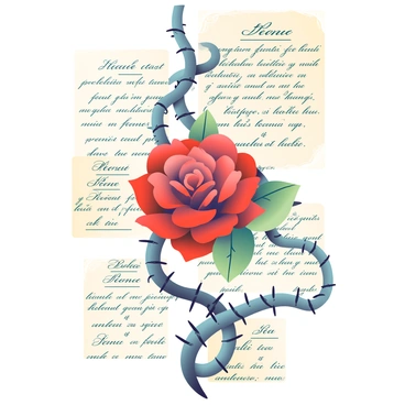 A tattoo design features intertwining thorny vines and vibrant red roses. The vines are detailed with sharp thorns, adding an intricate texture. Surrounding the vines and roses are various scientific notes written in elegant cursive, with diagrams and labels that describe different parts of the plants. The notes are slightly faded, giving an impression of age, while maintaining clarity. The overall composition of the tattoo is balanced, with the roses and vines drawing attention at the center, emphasizing their beauty and complexity.