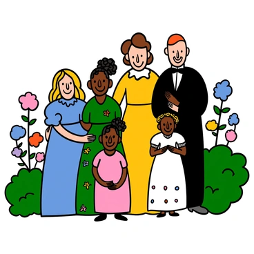 A family portrait featuring four sisters and their parents in a colorful garden. The sisters are dressed in period-appropriate dresses: the eldest sister has long hair and is wearing a blue dress with ruffles, the second sister has her hair in a bun and is wearing a green dress with floral patterns, the third sister has short curly hair and is in a pink dress, and the youngest sister has braids and is wearing a white dress with lace details. Their mother has wavy hair and is wearing a long, elegant yellow dress, while their father has short hair and is dressed in a dark suit with a bow tie. They are all standing closely together, smiling, surrounded by blooming flowers and green bushes.