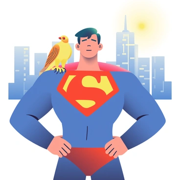 A superhero with an athletic build is standing confidently with their hands on their hips. They are wearing a vibrant blue and red suit adorned with a bold emblem on their chest. On their left shoulder, a small golden falcon is perched, its wings slightly extended as if ready to take flight. The superhero has short, dark hair and a determined expression on their face, showcasing their strong jawline. In the background, a bright city skyline is visible, with skyscrapers stretching toward a clear blue sky. The sun casts a warm glow over the scene, highlighting the colors of the superhero's attire and the falcon's feathers.