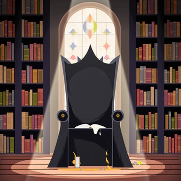 The "Iron Throne" is positioned prominently in the center of an "ancient library". The library features "towering bookshelves" that extend high towards the ceiling, filled with numerous "old, leather-bound books". Dim light filters through "stained glass windows", casting colorful patterns on the wooden floor. A few "parchments and quills" are scattered around the base of the throne, while "dust motes" float in the air, adding to the atmosphere of history and mystique.