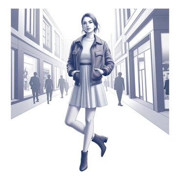 A woman elegantly pairing a bomber jacket with a chic dress in a fashionable setting.