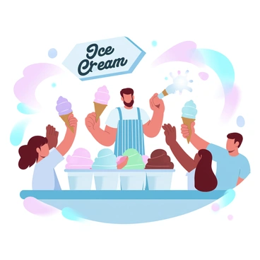 An ice cream shop owner is standing behind a colorful ice cream counter filled with various flavors in large tubs. The owner is wearing a striped apron and is serving scoops of ice cream to a group of excited children. The children are reaching out with colorful cones in their hands, eagerly waiting for their treats. The shop is adorned with cheerful decorations, including pastel-colored balloons and a large sign that reads "Ice Cream." Brightly colored ice cream flavors, such as pink strawberry, mint green, and chocolate brown, create a vibrant display on the counter.