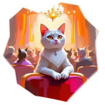 A glamorous cat with sleek fur and bright, expressive eyes is seated in an ornate opera house, exuding sophistication. The cat is wearing a fitted Victorian evening dress complete with intricate lace and satin details, adorned with a small sparkling brooch. It is perched elegantly on a plush velvet seat, with its paws delicately placed on the armrest. In the background, the grand stage is set with rich drapery, and the audience is filled with other elegantly dressed animals, creating a lively and opulent atmosphere. The warm glow of chandelier lights casts a soft illumination over the scene.