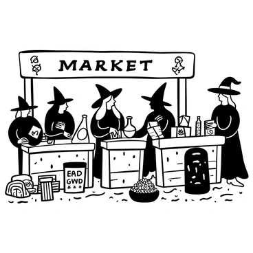 A bustling market scene with several witches standing behind wooden stalls. Each stall is adorned with various magical goods such as shimmering potions in glass bottles, intricate spellbooks with ornate covers, and bundles of dried herbs. Witches wear flowing robes and tall pointed hats, with some engaged in conversation while others are arranging their wares. A banner overhead displays the words "Magical Market" in bold lettering. The ground is covered with cobblestones, and there are hints of mystic symbols etched into them.