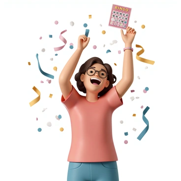 A jubilant bingo player, a middle-aged woman with curly brown hair and glasses, is holding up a winning bingo card high above her head with a big smile on her face. She is wearing a bright red shirt and blue jeans. The background is filled with colorful confetti floating in the air, adding to the celebratory atmosphere. Streamers in various colors are scattered around her, enhancing the festive scene. The expression on her face radiates excitement and victory as she stands in a lively bingo hall.
