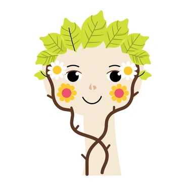 A face created from various natural elements, featuring a symmetrical arrangement of green leaves for the hair. Brightly colored flowers such as daisies and roses are positioned as the eyes, radiating vibrant hues of yellow, red, and pink. Twisting branches form the outline of the face and neck, with smaller twigs and petals adorning the cheeks, adding texture and detail. The background consists of soft, muted earth tones to enhance the natural theme of the face.