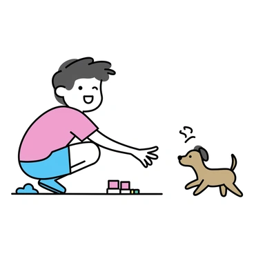 An Indian boy with black hair, wearing a red t-shirt and blue shorts, is joyfully playing with his pet dog in a backyard. The dog is a small brown puppy, wagging its tail excitedly. The boy is crouching down, reaching out to pet the dog, while the dog is playfully jumping around him. The backyard features a small patch of grass and a few colorful toys scattered on the ground.
