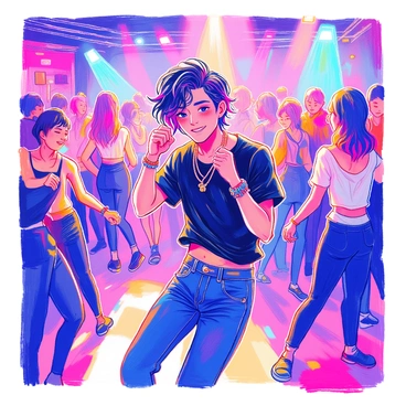 An emo person with black hair and vibrant streaks is dancing passionately in a lively club. They are wearing a fitted black band t-shirt and skinny jeans, adorned with various bracelets. The club is illuminated by energetic lights in shades of purple, blue, and green, creating a dynamic atmosphere. Surrounding them are groups of people, some with colorful hair and various accessories, all moving to the rhythm of the music. The floor is crowded, and the energy is palpable, emphasizing the lively nature of the scene.