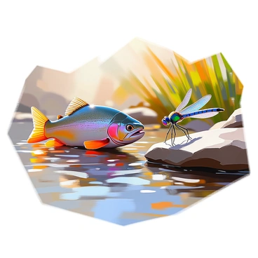 A vibrant trout with shimmering scales in shades of green and silver is positioned just below the water's surface, its head tilted slightly as it curiously observes a dragonfly. The dragonfly, with iridescent wings of blue and green, is perched delicately on a smooth rock at the edge of the riverbank. The riverbank is adorned with lush grass and small pebbles, while the rippling water reflects the shimmering sunlight. The scene captures the moment as both the fish and the insect share a brief encounter by the tranquil stream.