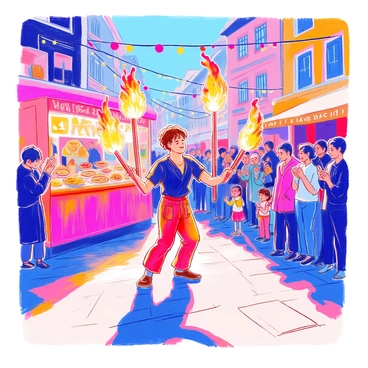 A street performer is juggling three flaming torches with a focused expression. He has short brown hair and is wearing a fitted black shirt and loose red pants. Around him, a crowd of people is gathered, some clapping and others recording with their phones. Colorful banners and string lights are strung above the festival. In the background, food stalls display various treats, and a couple of children are laughing and playing. The scene is illuminated by the warm glow of the flames and the festive lights.