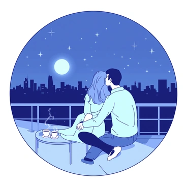 A couple is sitting close together on a rooftop, surrounded by a railing. The moonlight casts a soft glow over their faces as they gaze up at the stars scattered across the dark sky. The woman has long flowing hair, and she is wearing a light, flowing dress. The man is dressed in a casual shirt and jeans, with an arm resting comfortably around her shoulders. Nearby, there is a small table with two cups, from which steam is rising gently in the cool evening air. The city skyline is visible in the distance, lit by the warm glow of streetlights.