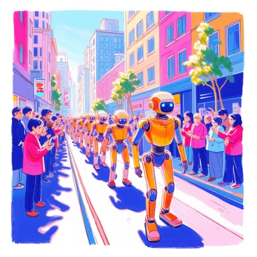 A line of robots is marching down a bustling city street. Each robot has a metallic body, illuminated eyes, and joints that move in a precise, rhythmic manner. The street is lined with tall buildings made of glass and steel, reflecting the sunlight. On the sidewalks, a diverse crowd of people stands in awe, with expressions of curiosity and excitement. Some people are holding smartphones, capturing the moment, while others are pointing at the robots. There are trees planted along the curb, adding a touch of greenery to the urban scene. Flags and banners are visible, fluttering in the breeze above the crowd.