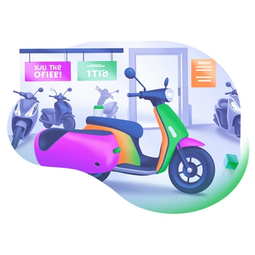 A unique moped with an attached sidecar displayed prominently in the dealership