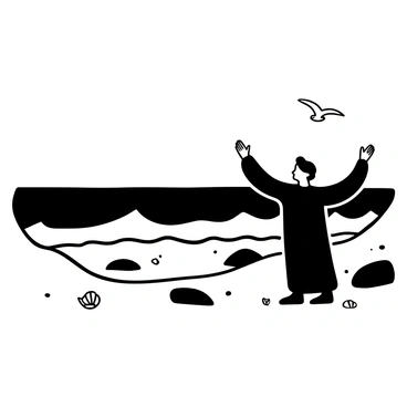 A solitary figure wearing a flowing robe stands on the shore with arms raised in a gesture of prayer towards the vast ocean. The waves crash gently against the rocky beach, creating a sense of movement. Seagulls can be seen in the distance, flying above the water. The horizon stretches far into the background, where the sky meets the ocean in an expansive view. A few scattered seashells lie on the sand near the figure's feet. The scene conveys a sense of tranquility and reflection.