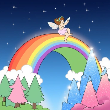 A small fairy with delicate, iridescent wings is flying gracefully above a vibrant, glowing rainbow bridge that arches between two sparkling, fantastical realms. The fairy has long, flowing hair that shimmers with various colors, and she wears a dress made of soft, pastel petals. The rainbow bridge is composed of bright, swirling colors, radiating light and casting a warm glow on the surrounding landscapes. Each realm features whimsical elements, with one side displaying towering, candy-colored trees and the other side adorned with glittering crystal mountains. The sky above is filled with twinkling stars, adding to the enchanting atmosphere.
