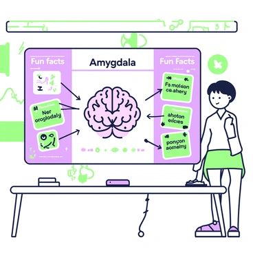 An educational poster showcasing the amygdala with fun facts and illustrations of its functions in a classroom.