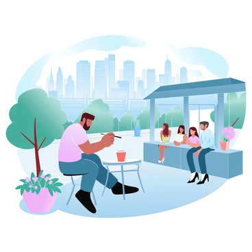 An artist is seated at a small table outside a bustling café, sketching the Vancouver skyline. The artist has a sketchbook open and is focused on the outline of tall buildings against the sky. Surrounding the café are people enjoying their drinks, with a few tables occupied by customers. The skyline in the background features a mix of modern glass structures and classic architecture. A vibrant city atmosphere is present, with trees lining the street and colorful flowers in planters near the café.