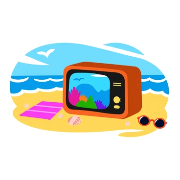 A vintage television set sits in the sand on a sunny beach. The screen displays vibrant ocean documentaries featuring colorful coral reefs and lively marine life. Waves crash gently in the background, and a few seagulls fly overhead. The television has a wooden frame and knobs, contrasting with the bright blue sky and golden sand. Nearby, a beach towel and a pair of sunglasses are spread out, emphasizing the summery atmosphere. Small seashells are scattered around the base of the television.