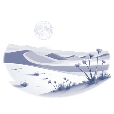 A dream-like landscape featuring a vast desert with rolling sand dunes. Scattered throughout the arid terrain, "moonflowers" are blooming, their delicate petals unfurling under the pale light of a full moon. The flowers contrast against the golden sands, their forms intricate and graceful. In the background, distant hills rise softly against the horizon. Alternatively, the scene can depict a snowy field blanketed in white, with patches of "moonflowers" emerging from the snow, their vibrant shapes standing out against the cold expanse. The atmosphere is ethereal, inviting a sense of wonder and curiosity about this unusual natural setting.