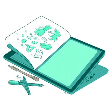 A teal digital tablet is open, displaying a sketchbook filled with various lively sketches and doodles. The sketches include whimsical characters, abstract shapes, and playful designs in a range of sizes. The tablet is positioned on a wooden surface, with some colorful markers and pencils scattered around it. The screen glows softly, highlighting the intricate details of the sketches.