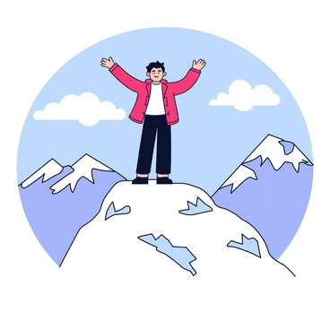A 3D human figure is standing confidently on top of a snowy mountain peak. The figure is wearing a bright red jacket and black pants, with arms raised in a victorious pose. The snow-covered mountain is rugged and steep, and the ground is blanketed with fresh powdery snow. In the background, there are other majestic mountains visible, partially covered by clouds. The sky is clear with a few wispy clouds, creating a beautiful contrast against the white snow.