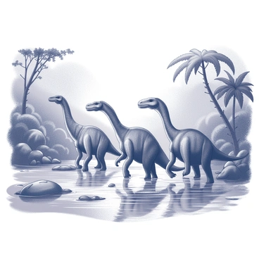 A herd of sauropods is depicted walking through a shallow river. The massive dinosaurs have long necks and tails, with their legs partially submerged in the water. Around them, the dense jungle flourishes with a variety of foliage, including large leaves and towering trees. Vines hang from the branches, adding to the lush environment. The riverbed is rocky and dotted with patches of mud. The water flows gently, creating ripples around the sauropods' legs as they move gracefully through the scene.