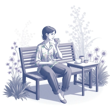 A person sitting comfortably on a wooden bench in a garden. They are holding a cup of tea, bringing it up to their lips as they take a sip. The person is dressed in casual floral attire, featuring a loose-fitting shirt with a vibrant floral pattern and relaxed-fit pants. Surrounding them are various plants and flowers, with blooming blossoms and greenery creating a serene atmosphere. A small table beside the bench holds a teapot and a few additional cups, indicating a peaceful tea time. The sunlight filters through the leaves above, casting gentle shadows in the garden.