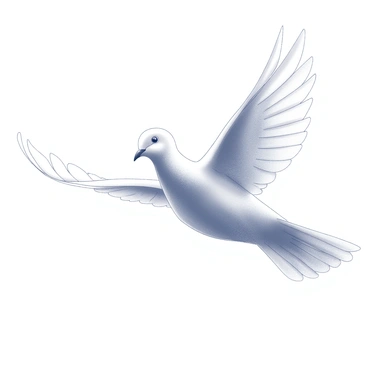 A white dove is depicted soaring high in the sky. The dove has outstretched wings, demonstrating grace and freedom as it glides effortlessly. The background features a vast, open sky with a sense of depth, emphasizing the height and movement of the bird in flight. The overall composition conveys a sense of tranquility and optimism.