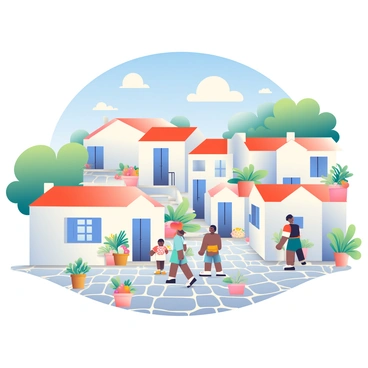 A charming flat-3D Mediterranean village is depicted with white-washed houses featuring blue shutters and terracotta roofs. The houses are clustered together, creating a cozy atmosphere. Cobblestone streets wind through the village, lined with small potted plants and vibrant flowers. A few villagers stroll along the pathways, some carrying baskets filled with fruits and vegetables. In the background, there are olive trees and a bright blue sky dotted with fluffy white clouds, enhancing the picturesque scene.