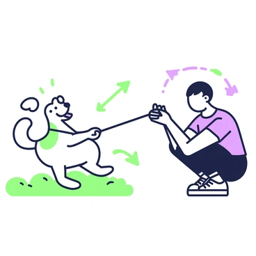 A playful dog with a wagging tail is tugging on a rope that is held by a person. The dog is mid-action, with its ears perked up and a happy expression on its face. The person is crouching down, grasping the other end of the rope, wearing casual clothing and sneakers. Surrounding the scene, there are arrows indicating the opposing forces between the dog and the person, pointing away from each other along the length of the rope. The background is a grassy area, adding to the playful atmosphere of the interaction.