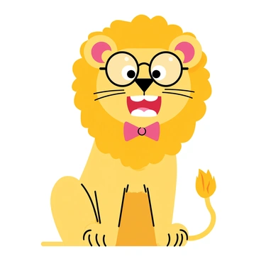 A cartoon lion wearing a bright red bow tie and glasses
