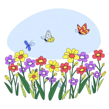 A vast field filled with a variety of wildflowers in vibrant colors, including yellows, purples, and reds. The flowers sway gently in a soft breeze under a clear blue sky. Several butterflies are fluttering around, each with distinct patterns and colors, such as orange, blue, and yellow. The scene captures the lively movement of the butterflies as they dance from flower to flower.